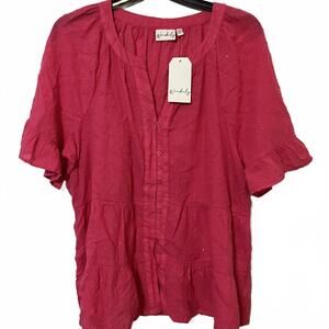 Wonderly Flamingo Pink Flowy Woven Ruffled Sleeve Blouse XXL (2XL)-New $54
